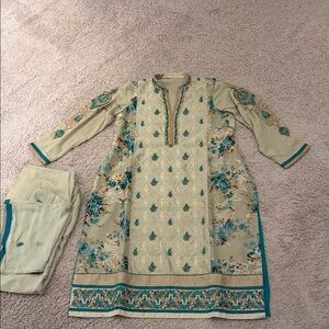 Salwar Kameez Teal and Beige Floral Set